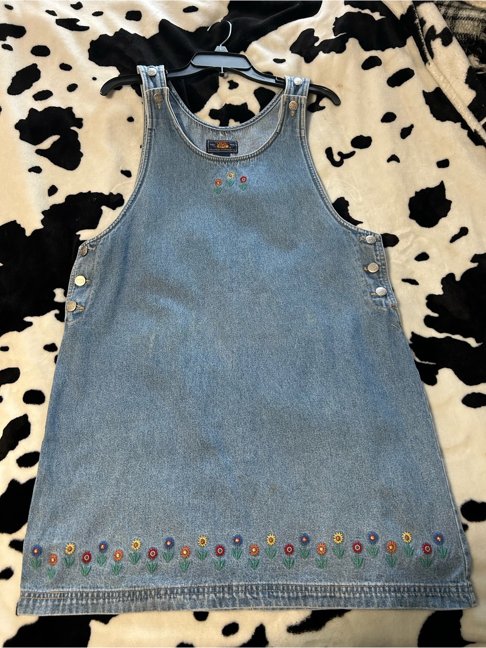 Route 66 Light Blue Denim Overall Dress with Embroidered Flowers